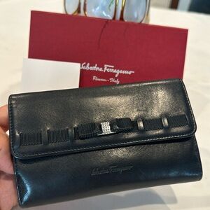 Salvatore Ferragamo Black Leather Bow-Accent Wallet
